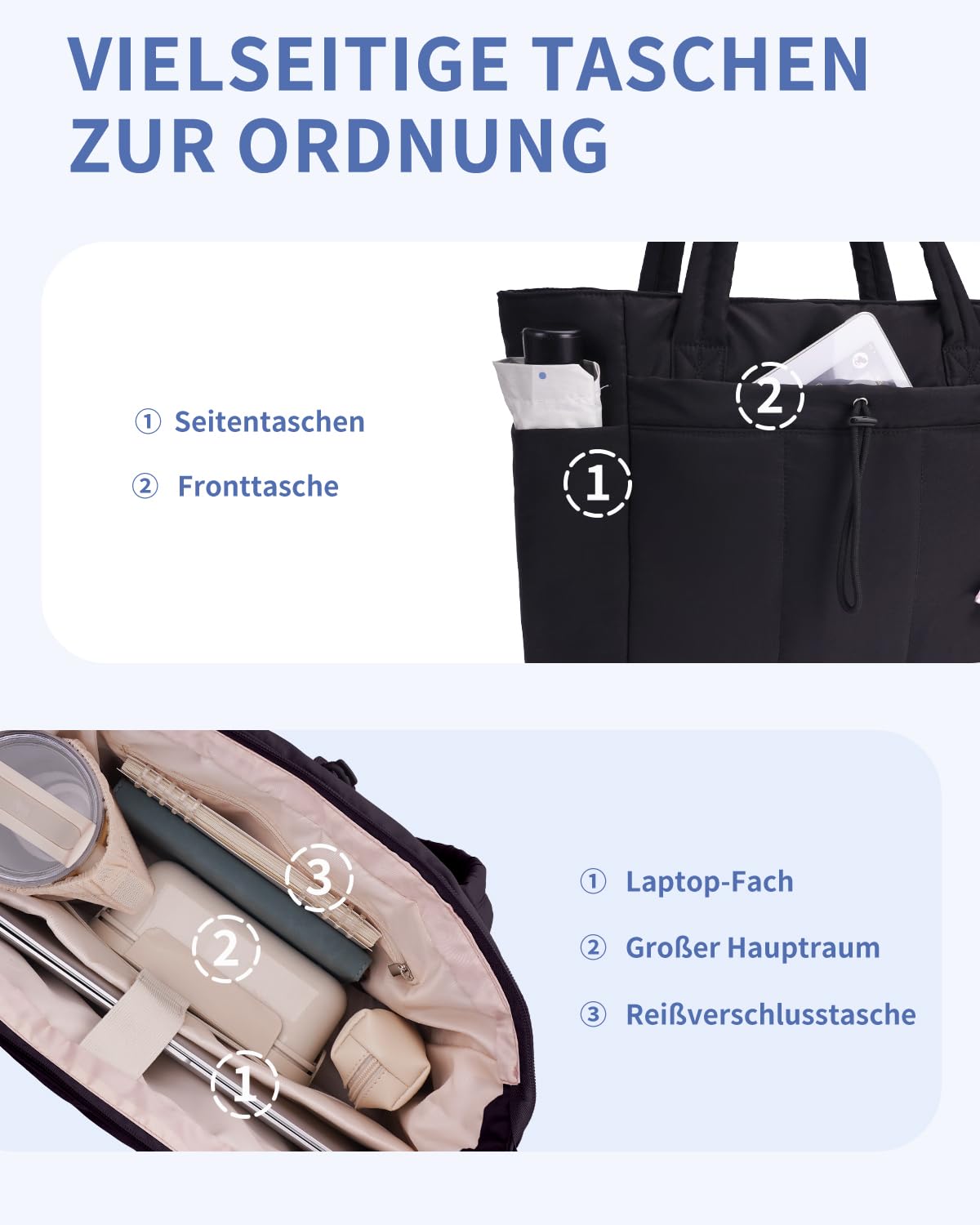 Wandering Nature Handtasche Damen Tote Bag 20L Groß Gesteppt Shopper Tasche mit Laptopfach (15,6 Zoll) & Getränkehalter (40oz/1.18L), Ideal für Büro Schule Reisen Shopping (Patent Angemeldet)