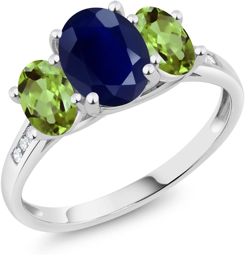 Gem Stone King 10K White Gold Blue Sapphire Green Peridot and White Diamond Oval 3-Stone Engagement Ring For Women (2.79 Cttw, Gemstone September Birthstone)