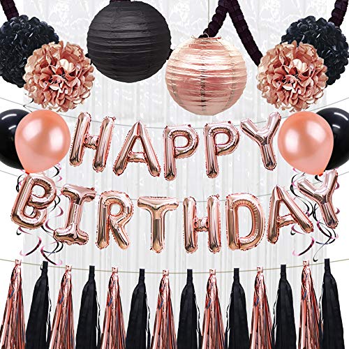 ADLKGG Birthday Decorations for Women Girls - Rose Gold Happy Birthday Balloon Banner - Hanging Party Swirls, Paper Lanterns, Honeycomb Balls, Clover Garland, Foil Fringe Curtain, Latex Balloons