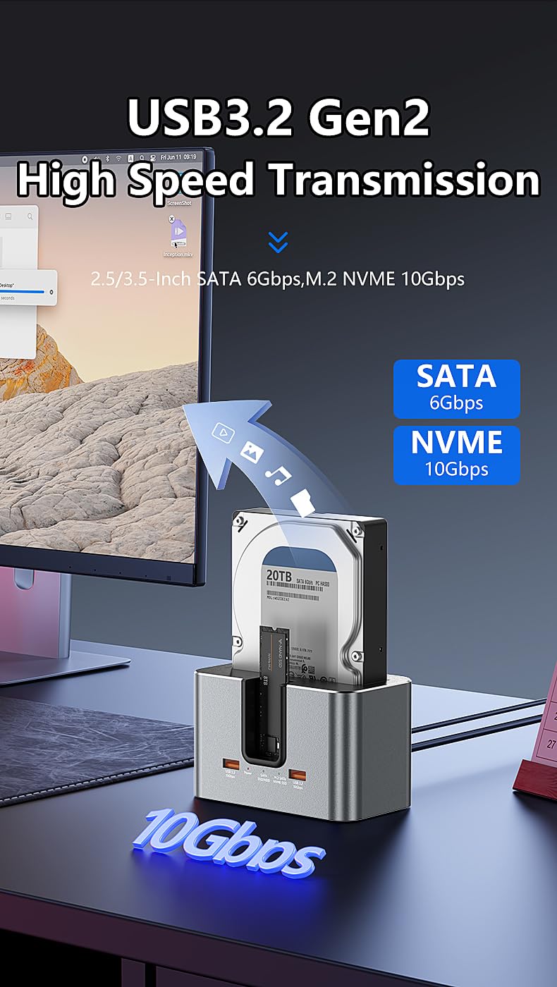 Station d'accueil pour Disque Dur, Station d'accueil USB 3.2 10 Gbps, boîtier SSD Externe en Aluminium à Double Baie USB C pour lecteurs M.2 NVMe/SATA et SSD/HDD SATA 2,5''/3,5''