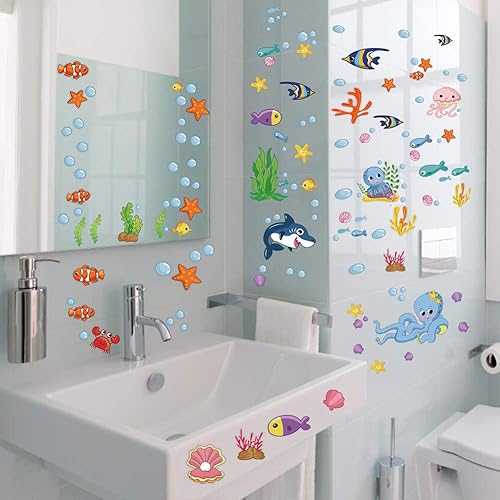 Miniatura 6 de CCINEE 214 calcomanías para ventana con temática oceánica, diseño de sirena, vida marina, peces, para decoración de fiesta de niños, baño