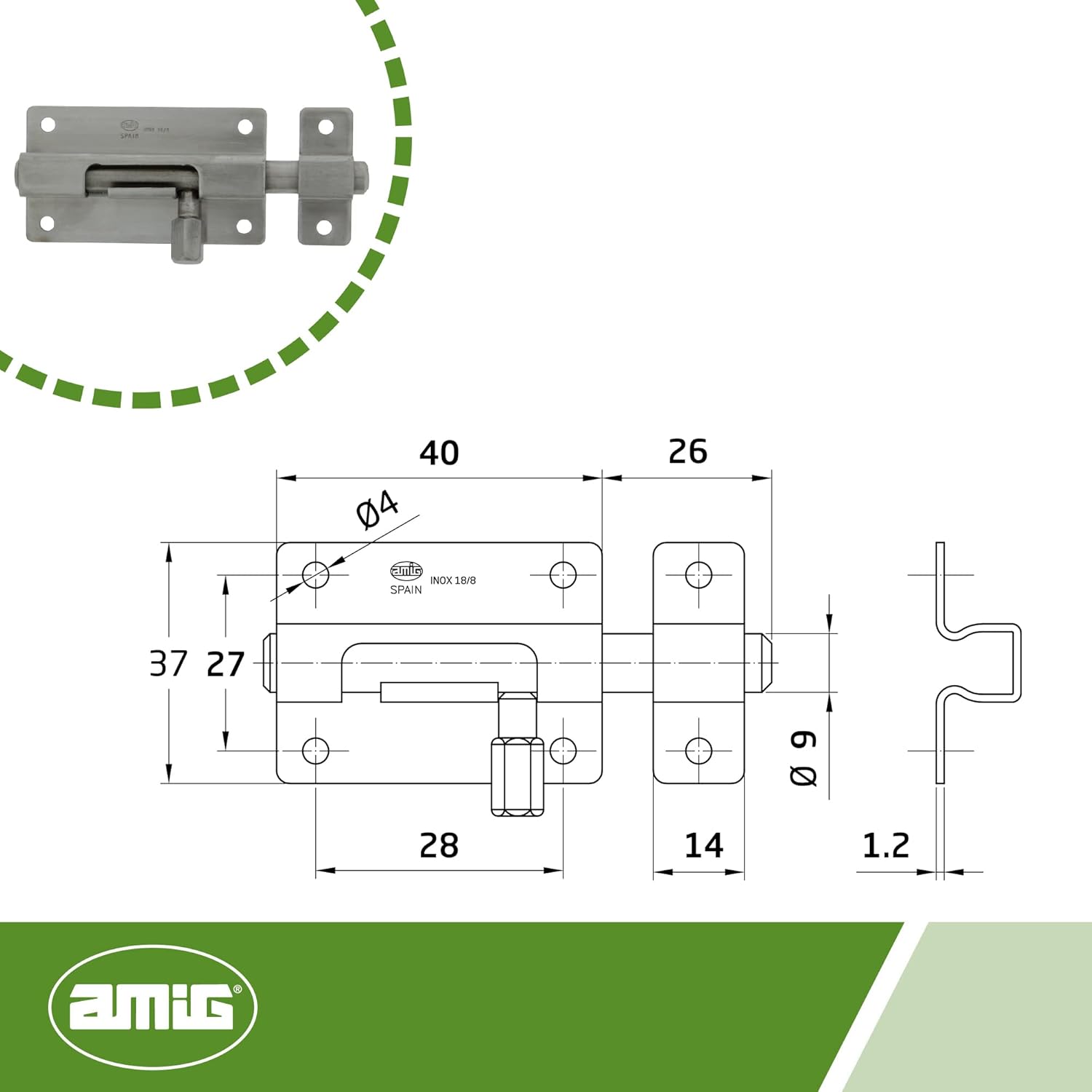 Amig - Stainless Steel Door Bolt | Bolt Mod. 800 | Door Lock in Chum | Gate Lock Bolt Door Slider | Dimensions: 35 x 50 | Compact Screw-On Locking Bolt | Suitable for Doors and Windows