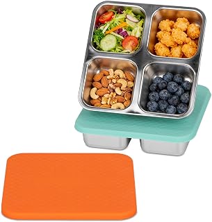 SUMERX 2 Pack Stainless Steel Snack Containers Set - 4 Compartment | Lunchable Snack Containers, Reusable Food Storage Containers with Lids for Travel, Outdoor, Camping, Work(Orange/Blue)