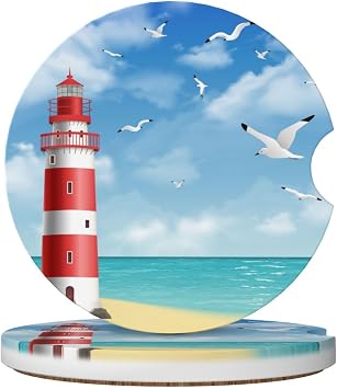 Lighthouse Beach Car Coasters for Cup Holder, 2 Pack Absorbent Ceramic Car Coaster with Finger Notch & Cork Base