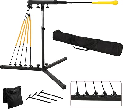 Adjustable Batting Swing Trainer. Baseball Hitting Trainer with 5 Power Band System, 3 Ground Nails, Sandbag, Carry Bag.Baseball Training Equipment for All Ages Improve Swing Skills