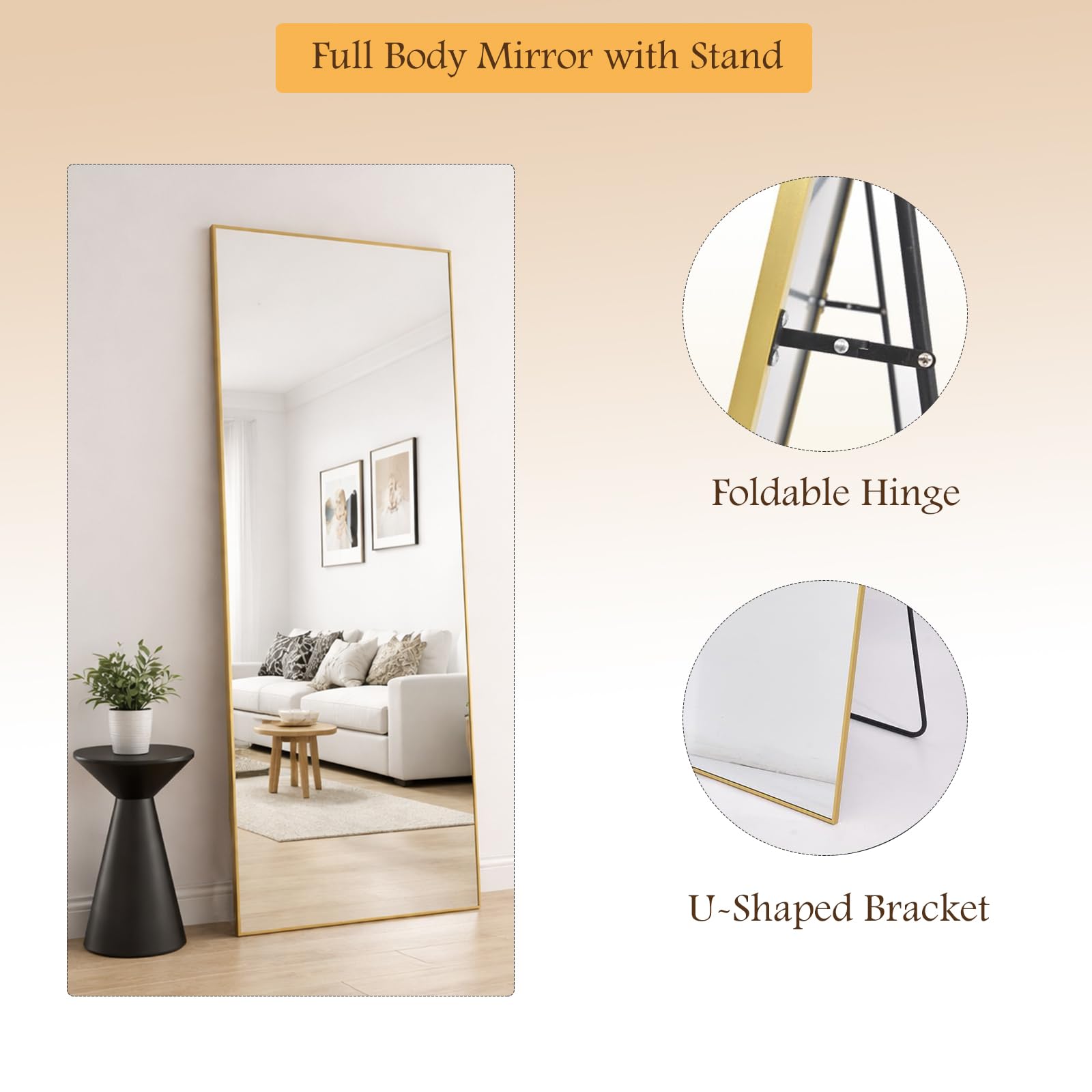 Rechteckig Ganzkörperspiegel Standspiegel mit Aluminium-Rahmen, Wand- & Bodenspiegel für Schlafzimmer Ankleidezimmer Flur Heimdekoration - Gold, 161x52cm | 64" L x 21" W