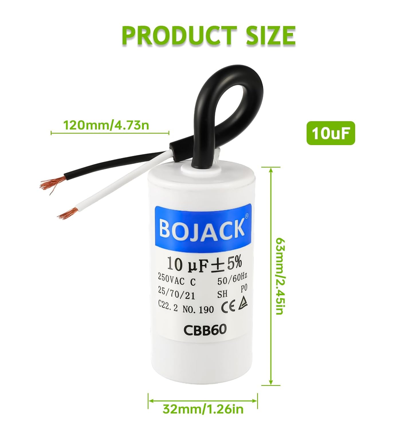 BOJACK Run Capacitor 10 uF MFD 250V AC 10 MFD CBB60 2 Wire 50/60Hz Cylinder Motor Run Capacitor for Motor Blower air Compressor and air Conditioner Compressor Replacement Part