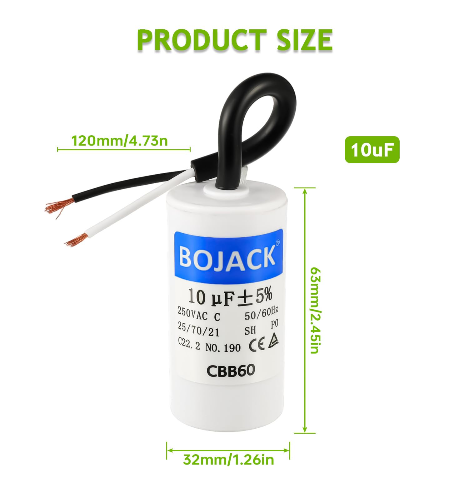 BOJACK Run Capacitor 10 uF MFD 250V AC 10 MFD CBB60 2 Wire 50/60Hz