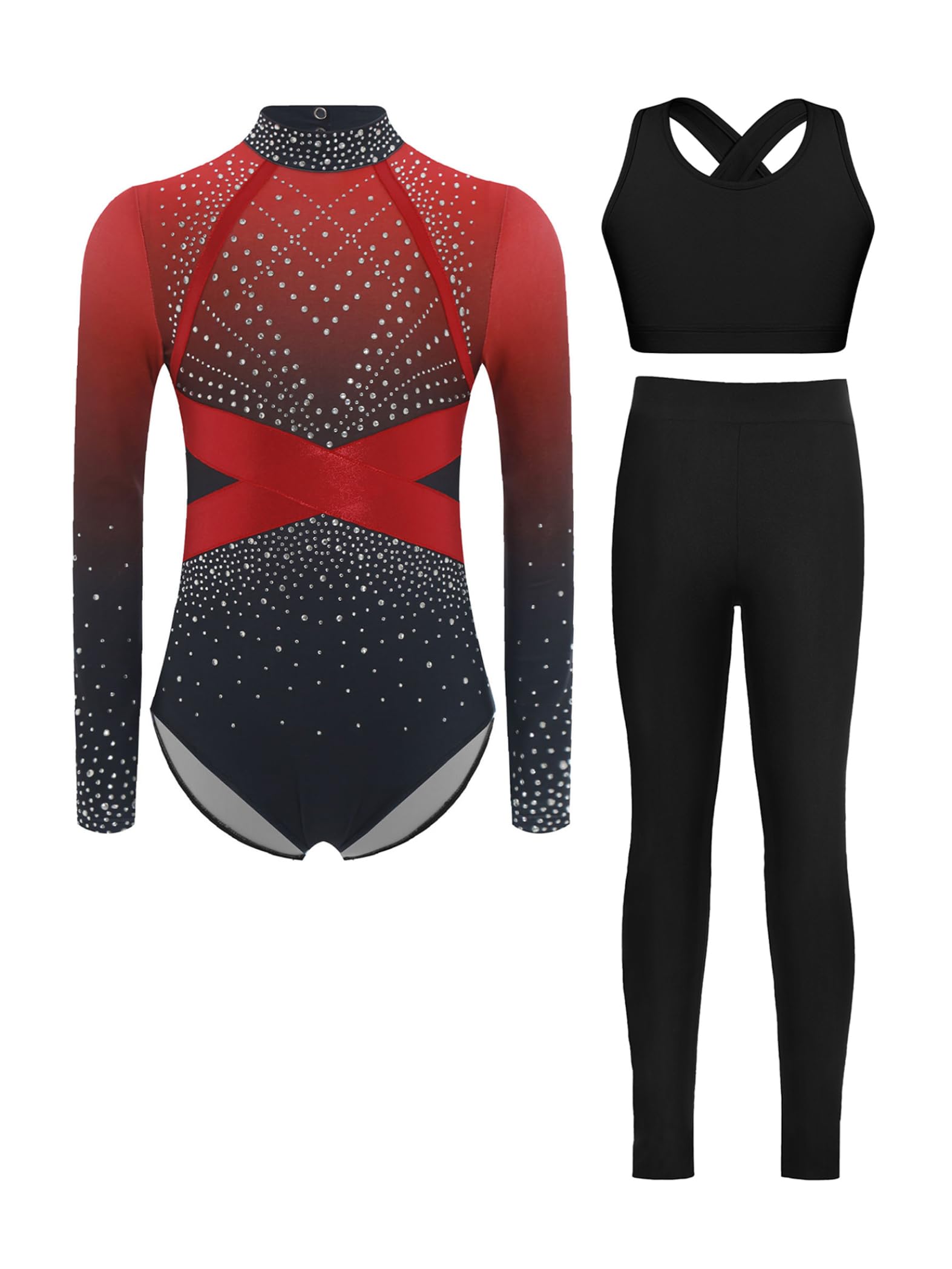 Piezas De Traje De Gimnasia Con Destellos Para Niñas Leotardos De Gimnasia De Manga Larga Tops De Deporte Brasier Y Pantalones Traje De Baile Para