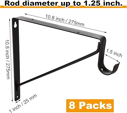 Miniatura 2 de Paquete de 8 soportes de barra de armario resistentes de 11 x 11 x 1 pulgadas, soporte de acero negro para colgar ropa, estante montado en la pared