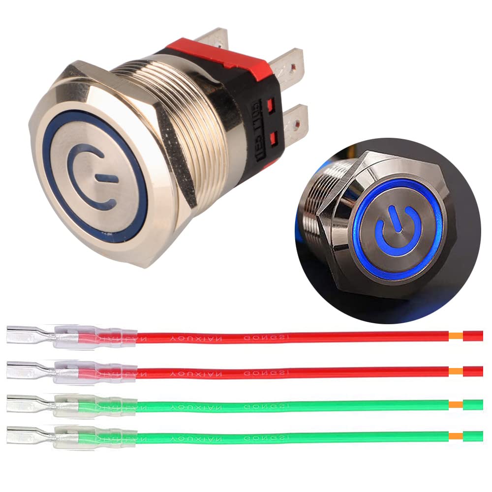 Guuzi22mm Latching Push Button Switch 12V-24V 15A Blue LED Power Symbol Push Button Switch,Metal Waterproof Switch Panel with Wire for Cars, Yachts, Household Appliances,Push Switch