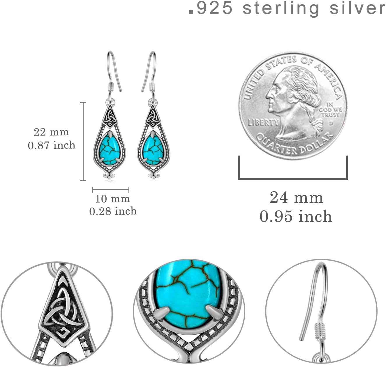 Celtic Earrings 925 Sterling Silver Genuine Turquoise Celtic Earrings Western Nature Gemstone Turquoise Jewelry Gifts for Women - Image 7