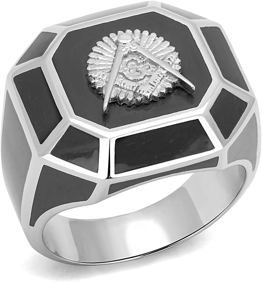 Men's Textured Masonic Lodge Freemason Signet Nugget Ring in Hypoallergenic Silvertone Stainless Steel Ornate Statement Ring