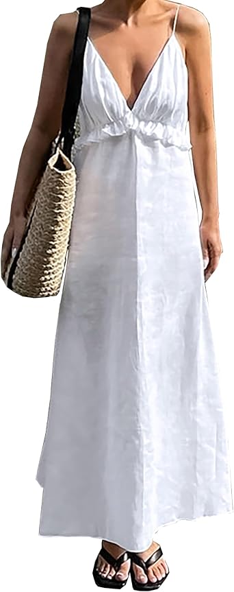 Womens Summer V Neck Spaghetti Strap Sleeveless Beach Maxi Dress