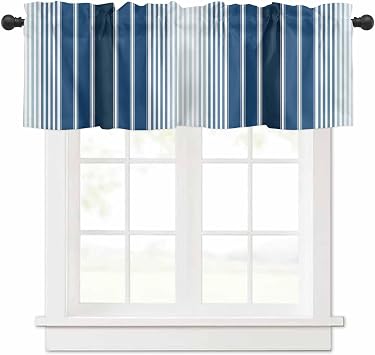 Navy Blue Stripe Valances Window Treatment Farmhouse Decor, Modern Blue Ombre Vertical Striped Rod Pocket Valance Curtains for Living Room, Bedroom, Kitchen, 42" W x 12" L - 1 Panel