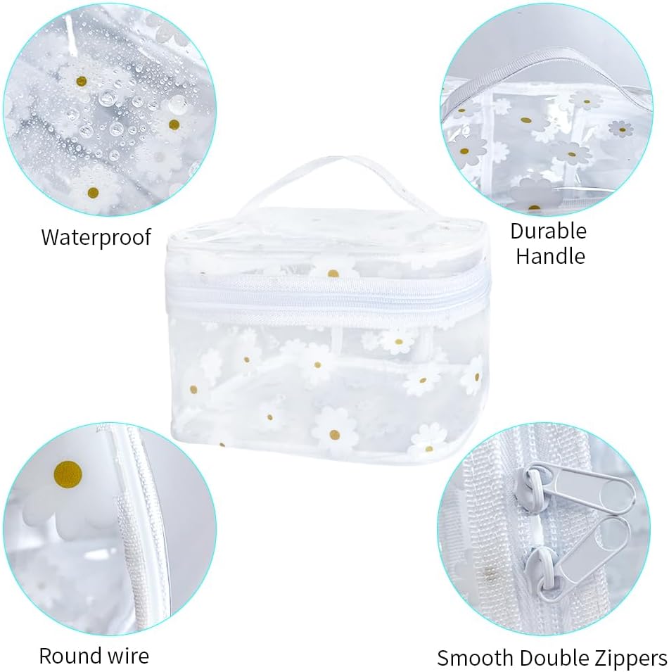 Clear White Flower Cosmetic Bag and Travel Pouch with Handle-Durable PVC Material,Versatile,Zipper Design for Smooth Sliding-Ideal for Makeup,Travel Essentials - Image 4