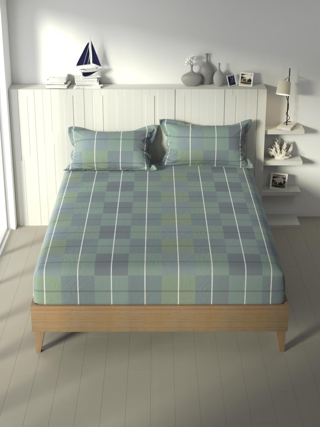 NAUTICA Premium Cotton Aroma Double Bedsheet with 2 Pillow Covers -3pc Set (Garden) | Scented Double bedsheet | 180TC Checks-Blue/Multi-image-1