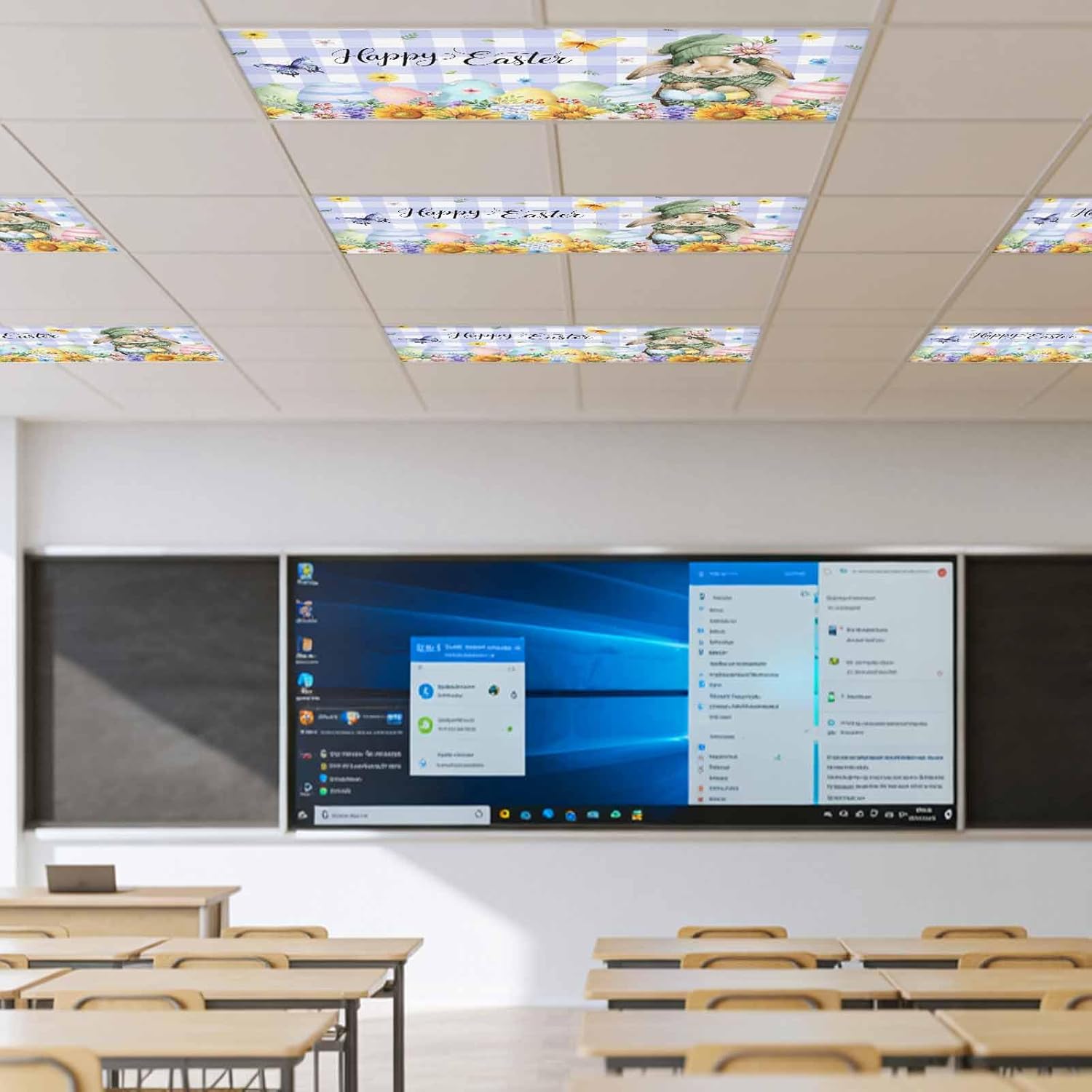 2x4 ft Fluorescent Light Cover for Ceiling Happy Easter Rabbit Colorful Eggs Magnetic Light Filters, Spring Floral Purple Plaid Ceiling Lampshades for Home School Office 4Pcs