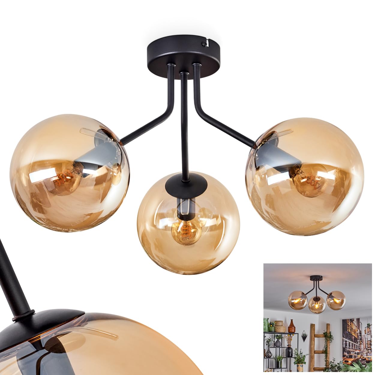 Hofstein Light/Black/Amber Koyoto Ceiling Ceiling Lamp Made Of Metal/Glass In / Colour, Retro/Vintage Design Luminaire With Glass Shades (Ø 15 Cm), 3 X E14, Without Bulbs