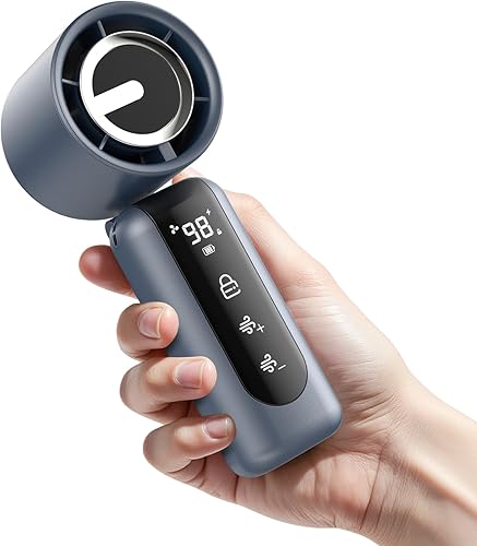 Vista 13 de Mini ventilador portátil de mano, velocidad (1-100) ajustable Turbo ventilador personal, batería recargable de 4000 mAh, pantalla digital AI, Negro