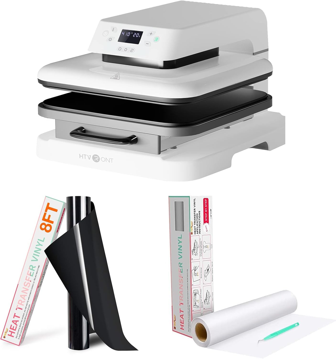 HTVRONT Auto Heat Press Machine for T Shirts- 12" x 20ft White Heat Transfer Vinyl Rolls & 12" x 8ft Black Iron on Vinyl for Cricut
