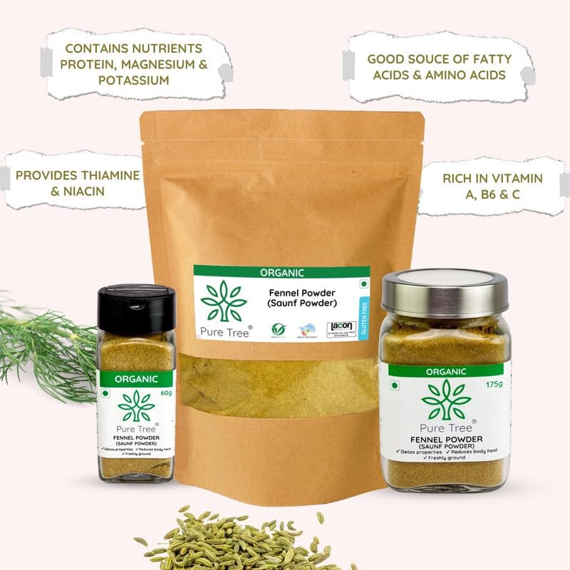 Image of Pure Tree Certified Organic Saunf Powder | 60 g | Glass Jar | Fennel Seed Powder | Variyali, Sompu Powder | Gluten Free & Flavourful