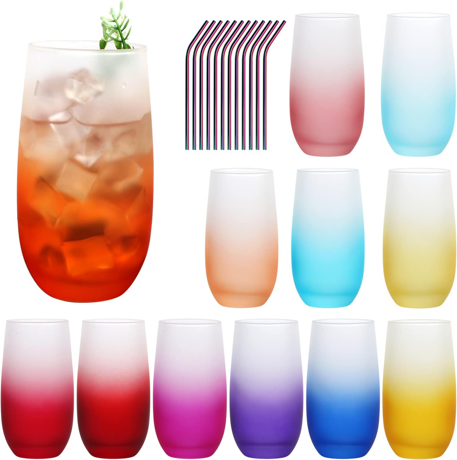 Encheng Tall Drinking Glasses Set of 12,Vibrant Highball Glasses with Straws for Entertaining,16 OZ Color Gradient Glass Iced Coffee Cups Ideal for Mojito,Cocktail,Mixed Drinks