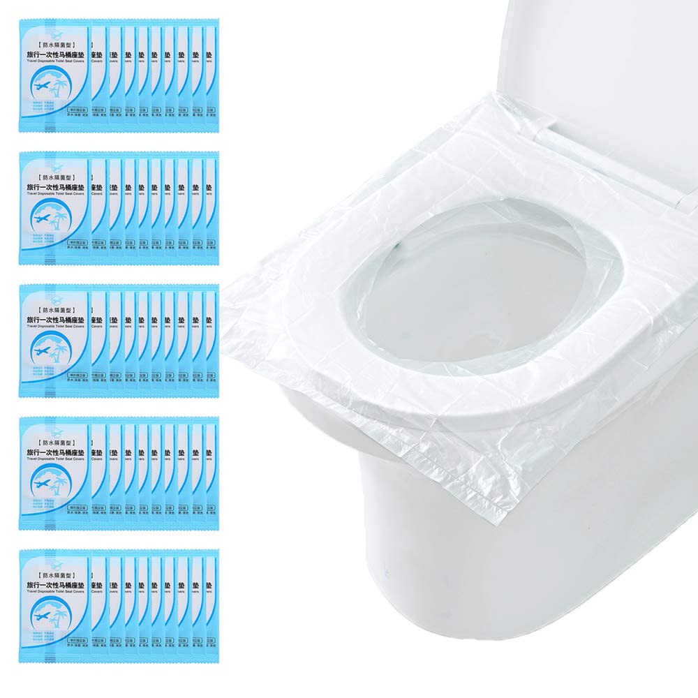 ORiTi50 Pcs Disposable Travel Plastic Toilet Seat Cover Waterproof Portable WC Cushion Toilet Mat Individually Wrapped for Travel for Kids Potty Training and Adult