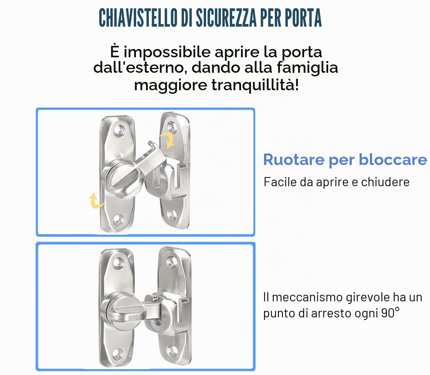 Chiavistello per porta scorrevole a 90/180 gradi, serratura per porta del fienile, serratura per porta scorrevole antiruggine, per armadi, bagno, argento