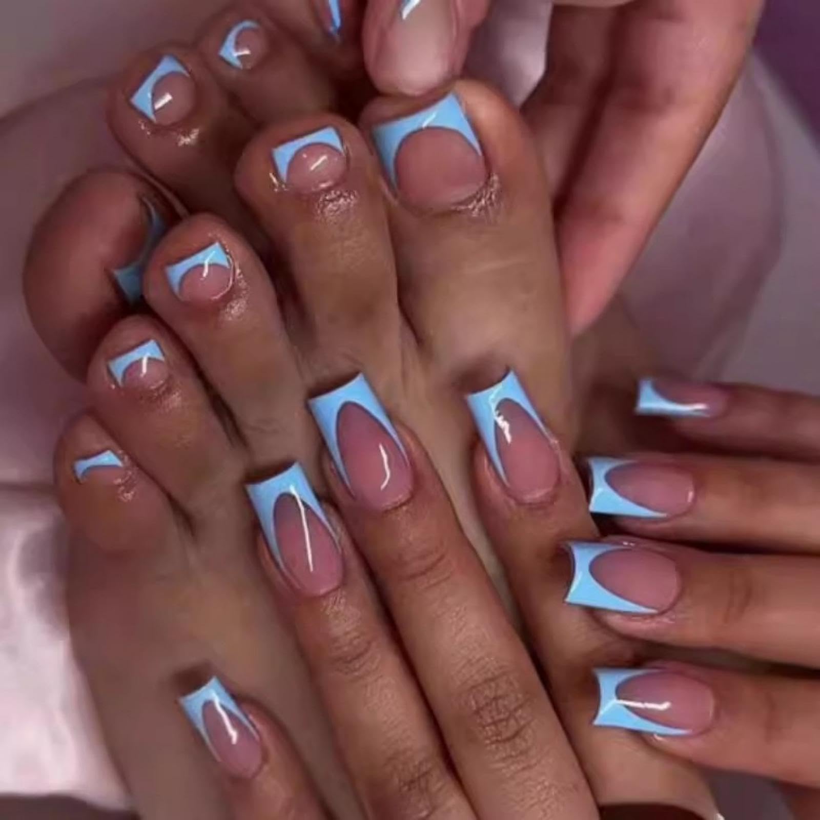 48Pcs Blue French Tip Press on Toenails Press on Nails Long Square Fake Nails with Design Nude Glue on Nails Spring False Nails Glossy Reusable Summer