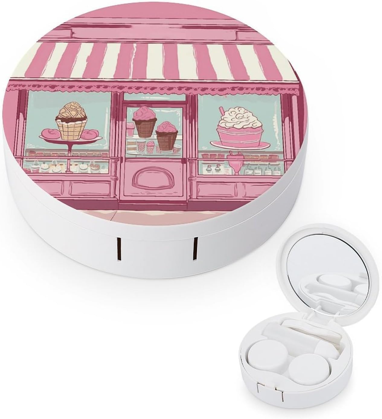Ice Cream Store Pink Contact Lens Case Portable Contact Case Soak Storage Kit Cute Contact Lens Solution Bottle with Mirror Tweezers Solution Soaking Cases for Daily Travel Outdoor Use