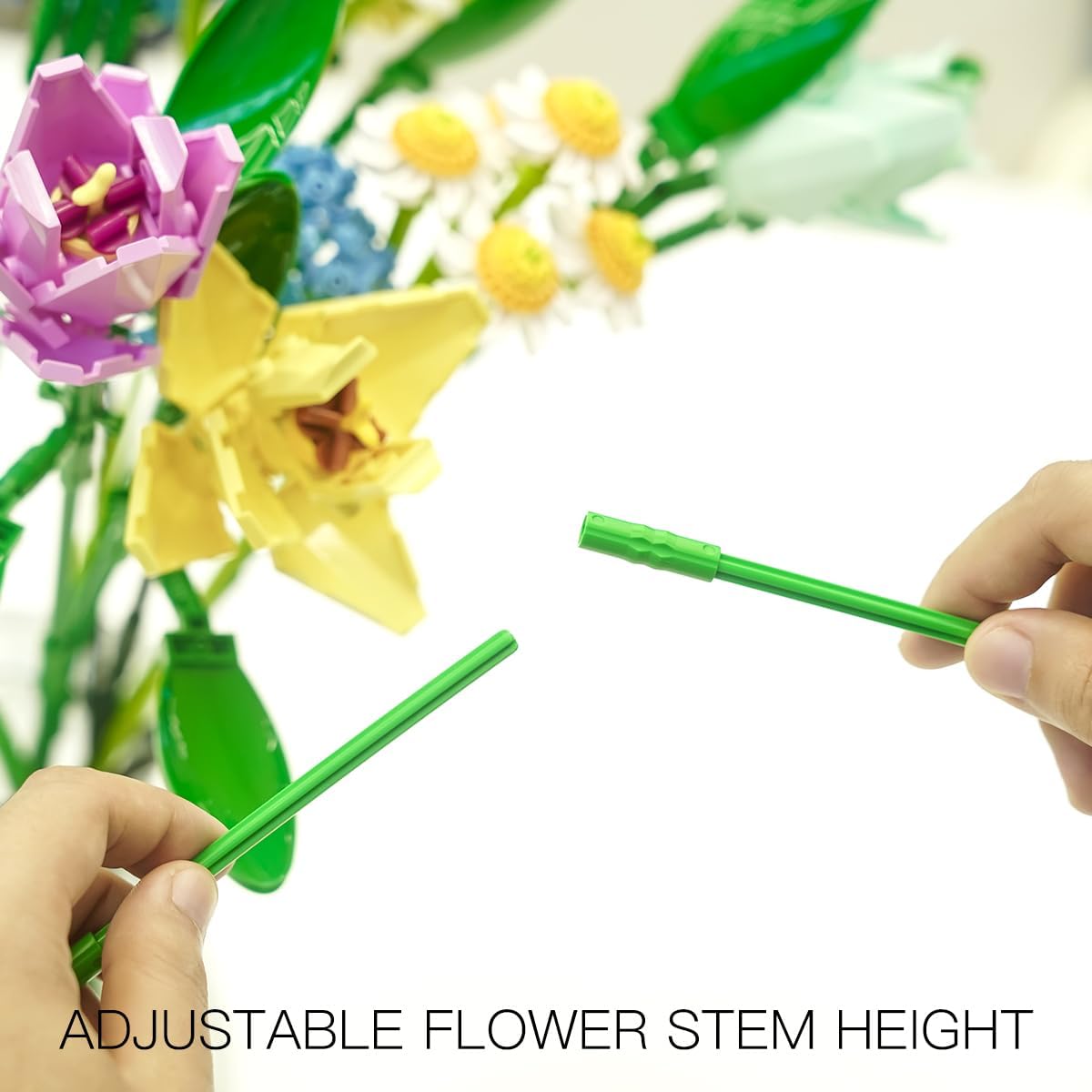 Hands demonstrating adjustable flower stem height