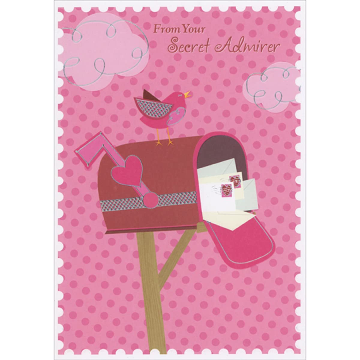 Designer Greetings Pink Bird on Top of Brown Mailbox with Pink Heart Flag Valentine's Day Card for Secret Admirer