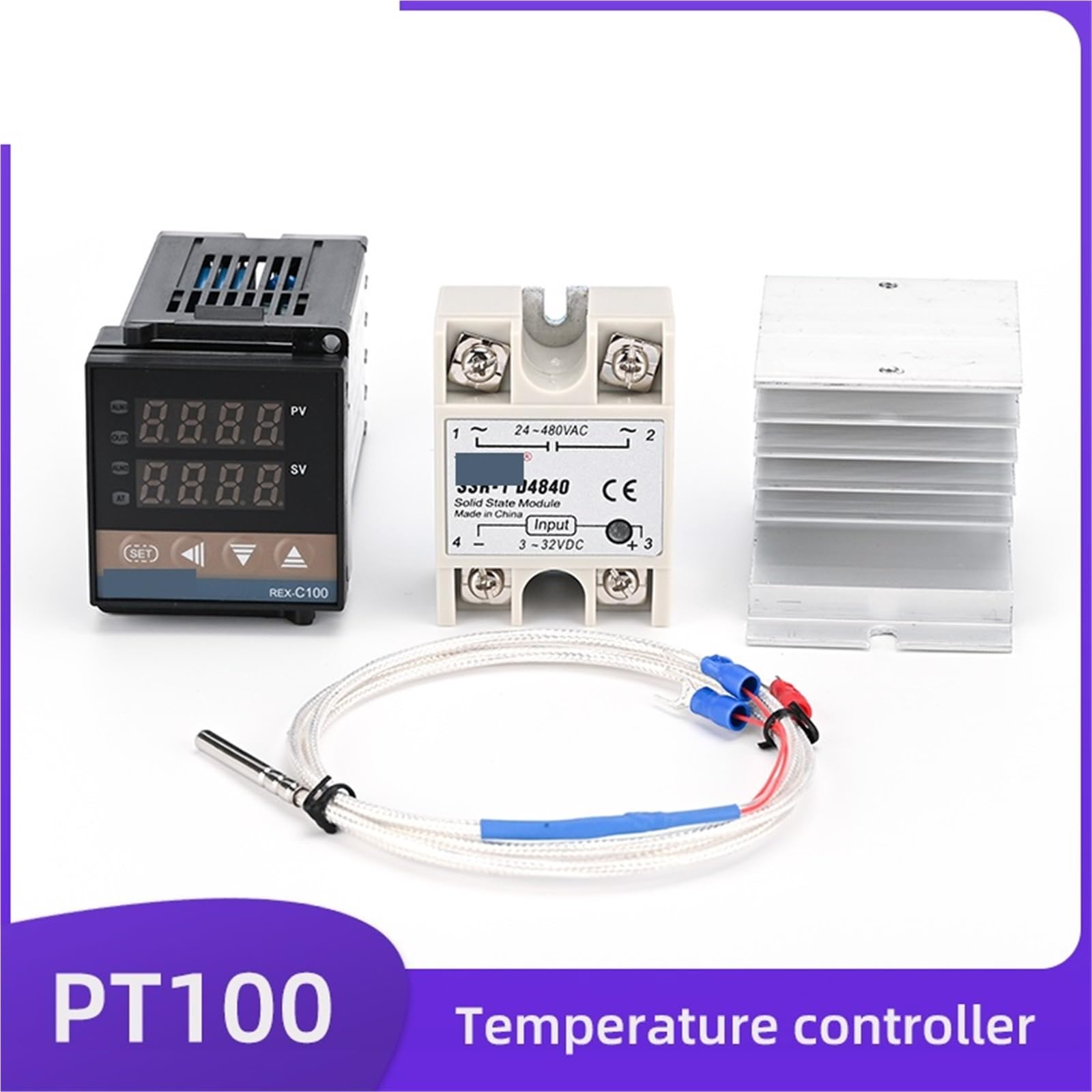 1 Uds REX-C100 controlador de temperatura PID AC110V-240V con SSR-40DA PT100 termopar disipador de calor relé de entrada o salida SSR(C100-V-AN PT100 SET2)