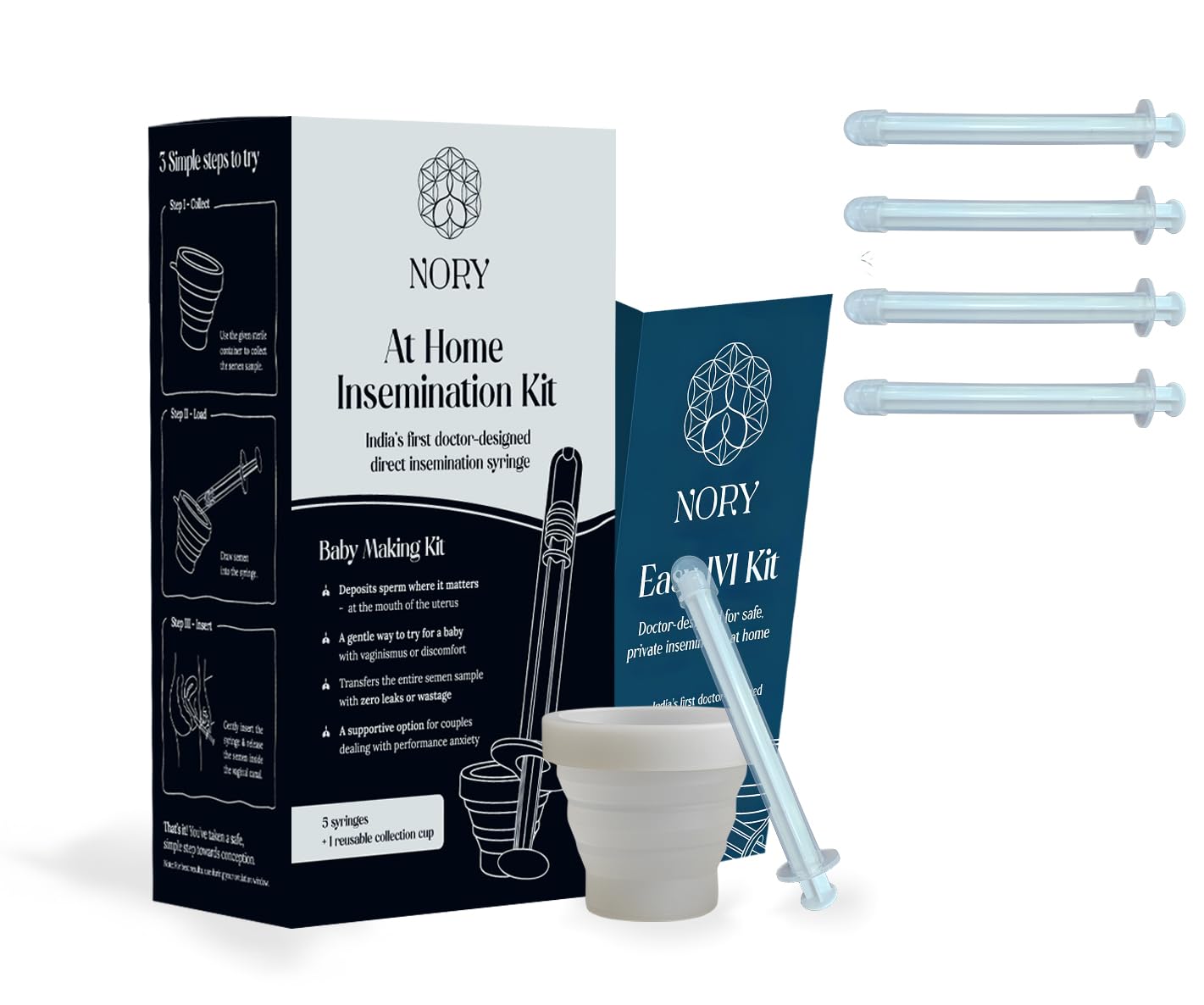 Nory At Home Self Insemination IVI/IUI Kit for Women, Designed By Fertility Doctor, Get Pregnant Naturally, Pack o 5 Syringes and1 Reusable Collection Cup