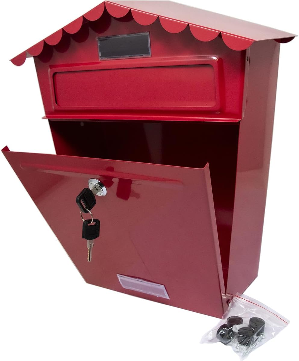 Steel Post Box Large Mailbox - Wall Mounted Parcel Delivery | Powder Coated - For Home Use & Outside on Sheds, Garages, Walls, Gates - Red Mail Box with 2 Keys | Lockable Letter - Keep Your Mail Safe