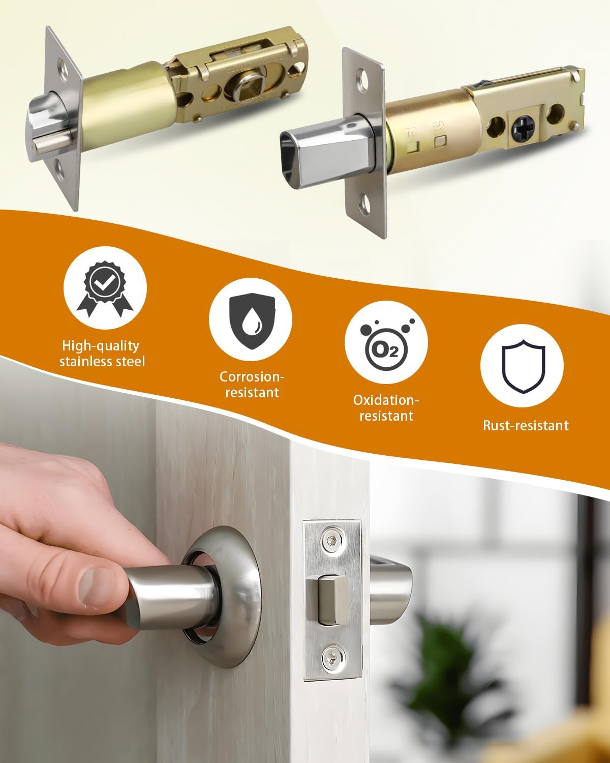 Adjustable Deadbolt Lock Latch 2-3/8" & Adjustable Door Knob Latch 1-3/8", for Lever Door Handles Inner Door Handles, Square Interface, Universal Door Lock Replacement Parts