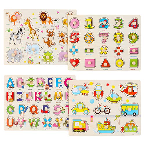 Wondertoys 4 Pcs Wooden Peg Puzzles Set for Toddlers - Alphabet ABC, Number, Animals and Vehicles Learning Puzzles Board for Kids, Preschool Educational Peg Puzzles Activity Toys Gift for Boy Girl