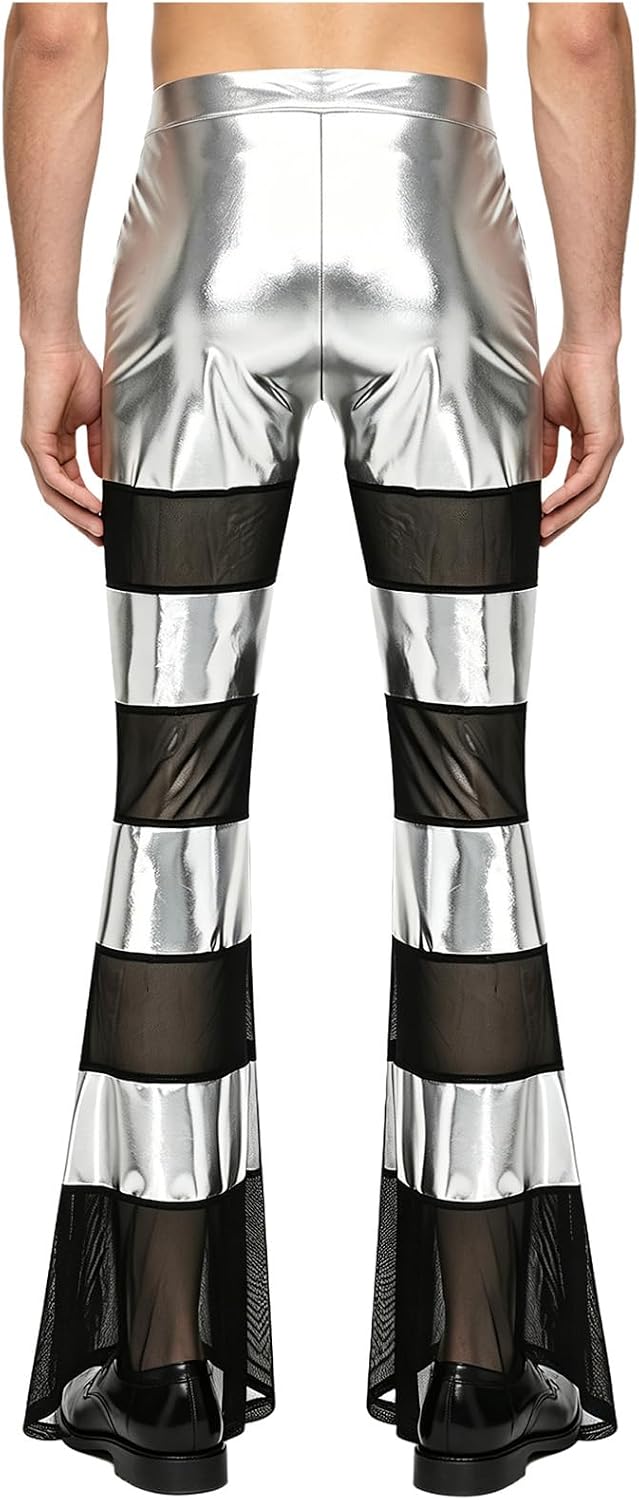 Jelory Men Skinny Leggings Hippie Pants Faux Leather Zipper Side Front Motorcycle Trousers Party Flare Clubwear
