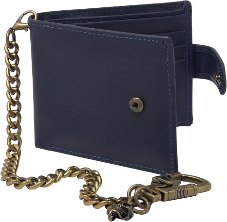 Ahiller Chain Wallets for Men Crazy Horse Leather Bifold Biker Wallet Blue