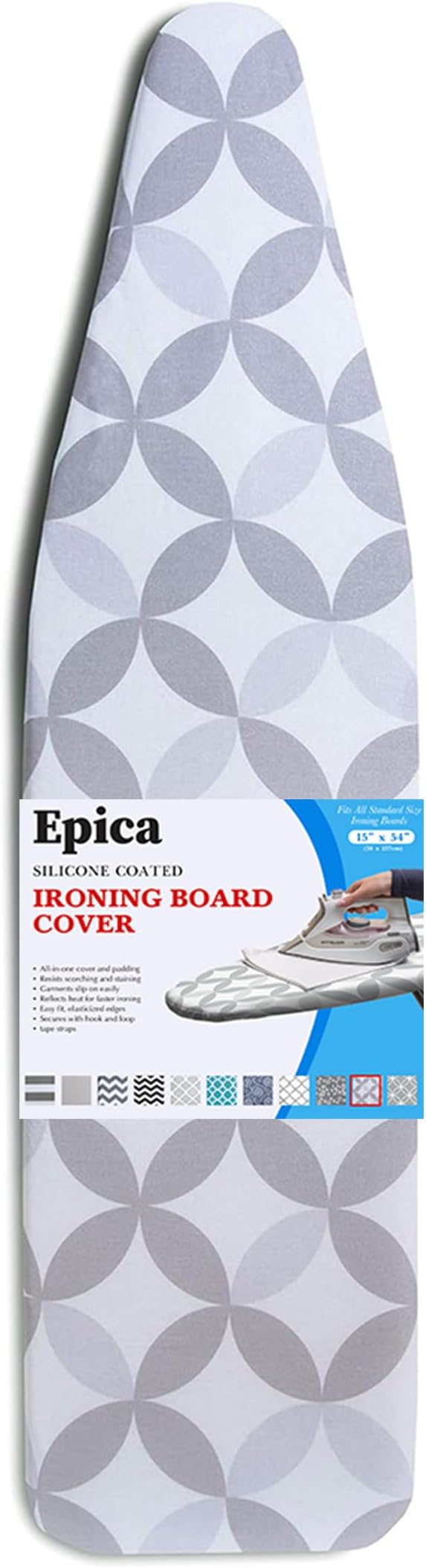 EPICA Silicone Coated Ironing Board Cover- Resists Scorching and Staining - 15" x54 (Grey Diamond)