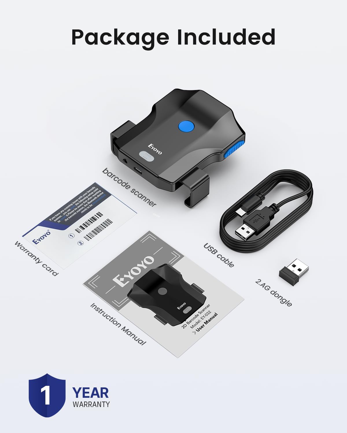 Contents of the Eyoyo barcode scanner package, including the scanner, USB cable, 2.4G dongle, manual, and warranty card.