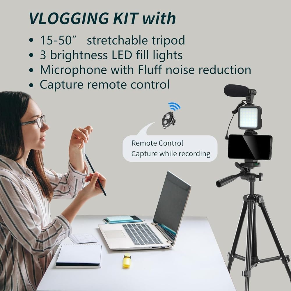 Ultimate Vlogging Kit | Treppiede 50 Pollici, Microfono, Luce E Telecomando | Per IPhone, Smartphone E Fotocamere | Kit Per YouTube Starter