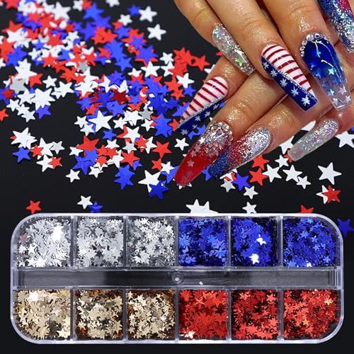 12 Grid July 4th Nail Art Glitter Sequins Independence Day Star N...