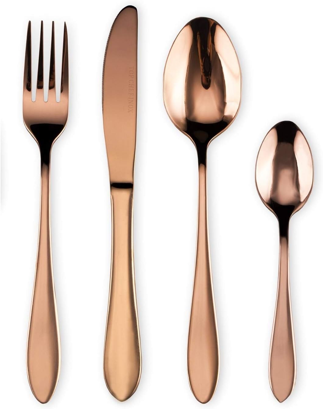 Mirror Finish Rose Gold Plated Stainless Steel Flatware Set Copper Silverware Set Rose Gold Spoon Color Cutlery Set [Dinner Fork-Tea Spoon-Salad Spoon-Knife] Set of (Set of 4)