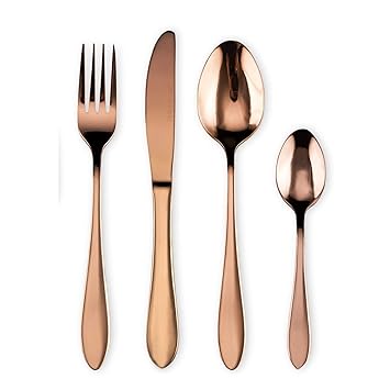 ANH MART Mirror Finish Rose Gold Plated Stainless Steel Flatware Set, Copper Silverware Set, Copper Color Cutlery Sets,[Dinner Fork-Tea Spoon-Salad Spoon-Knife] Set of (Set of 4)