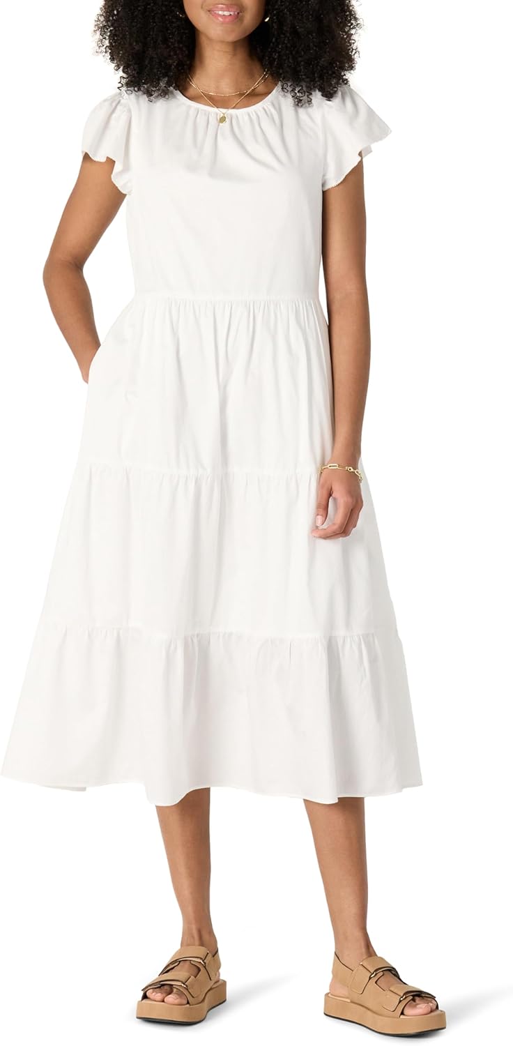 Amazon Essentials Women's Relaxed-Fit Cotton Sateen Crewneck Tiered Midi Dress