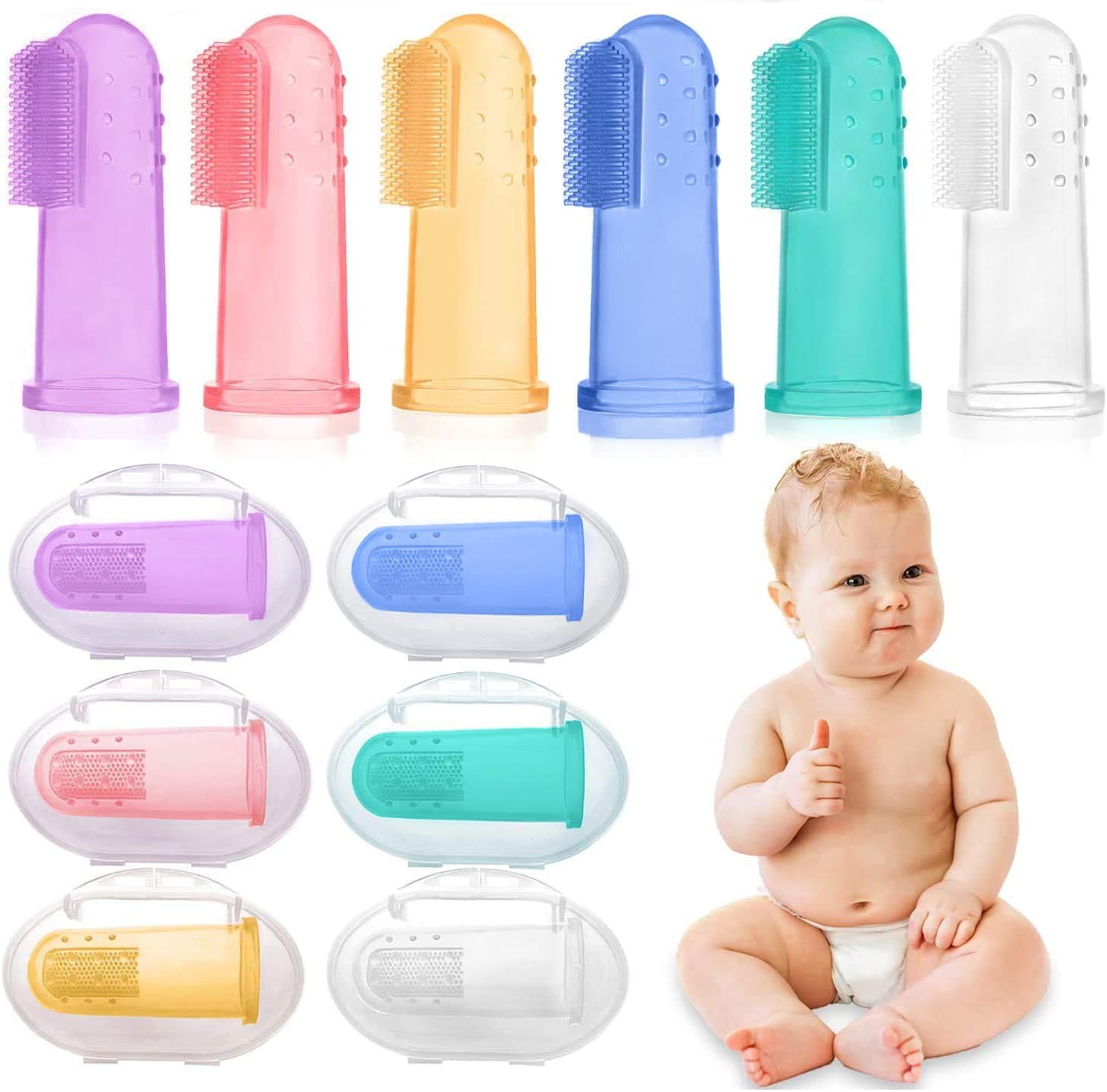 HBselect Baby Finger Toothbrush, 6 Pack Soft Safe Silicone Oral Massage Teething Toothbrush for Baby Girl Boy Unisex with Storage Case