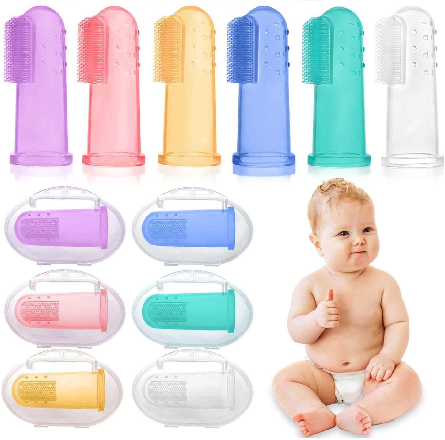 HBselect Baby Finger Toothbrush, 6 Pack Soft Safe Silicone Oral Massage Teething Toothbrush for Baby Girl Boy Unisex with Storage Case