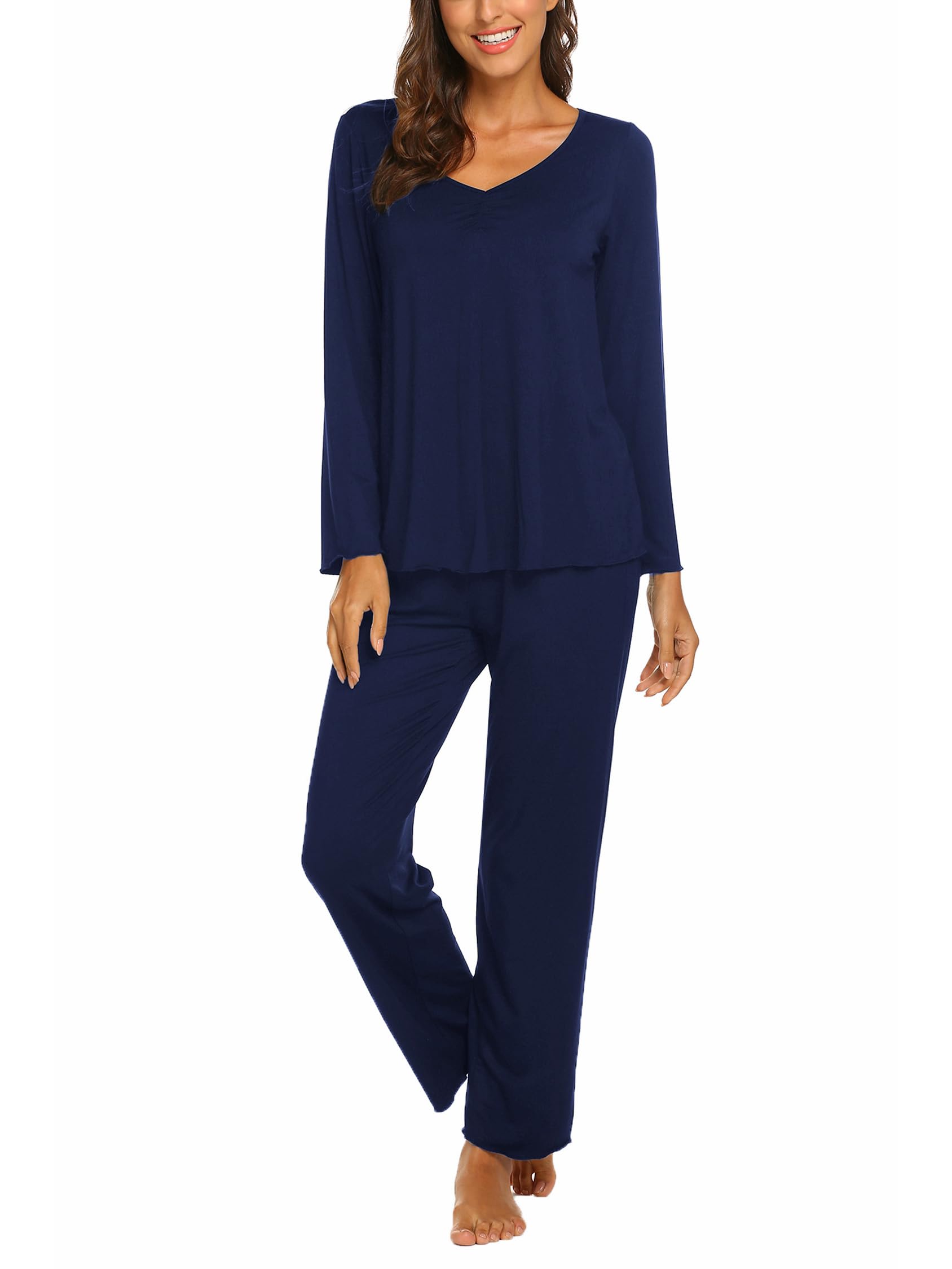 Ekouaer Schlafanzug Damen Lang Pyjama Set Kuschelig Zweiteiler Nachtwäsche | v-ausschnitt, herbst winter schlafanzüge, langarm hausanzug, einfarbig loungewear set